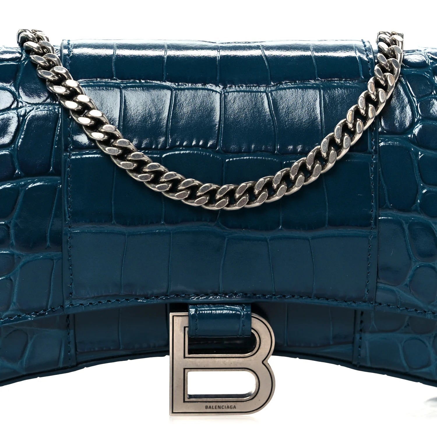 Shiny Calfskin Crocodile Embossed Hourglass Chain Bag Forest Green