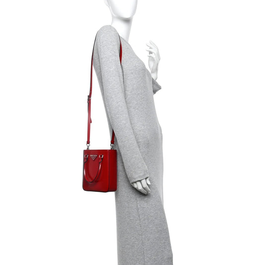 Spazzolato Metal Triangle Logo Small Double Handle Crossbody Tote Scarlatto