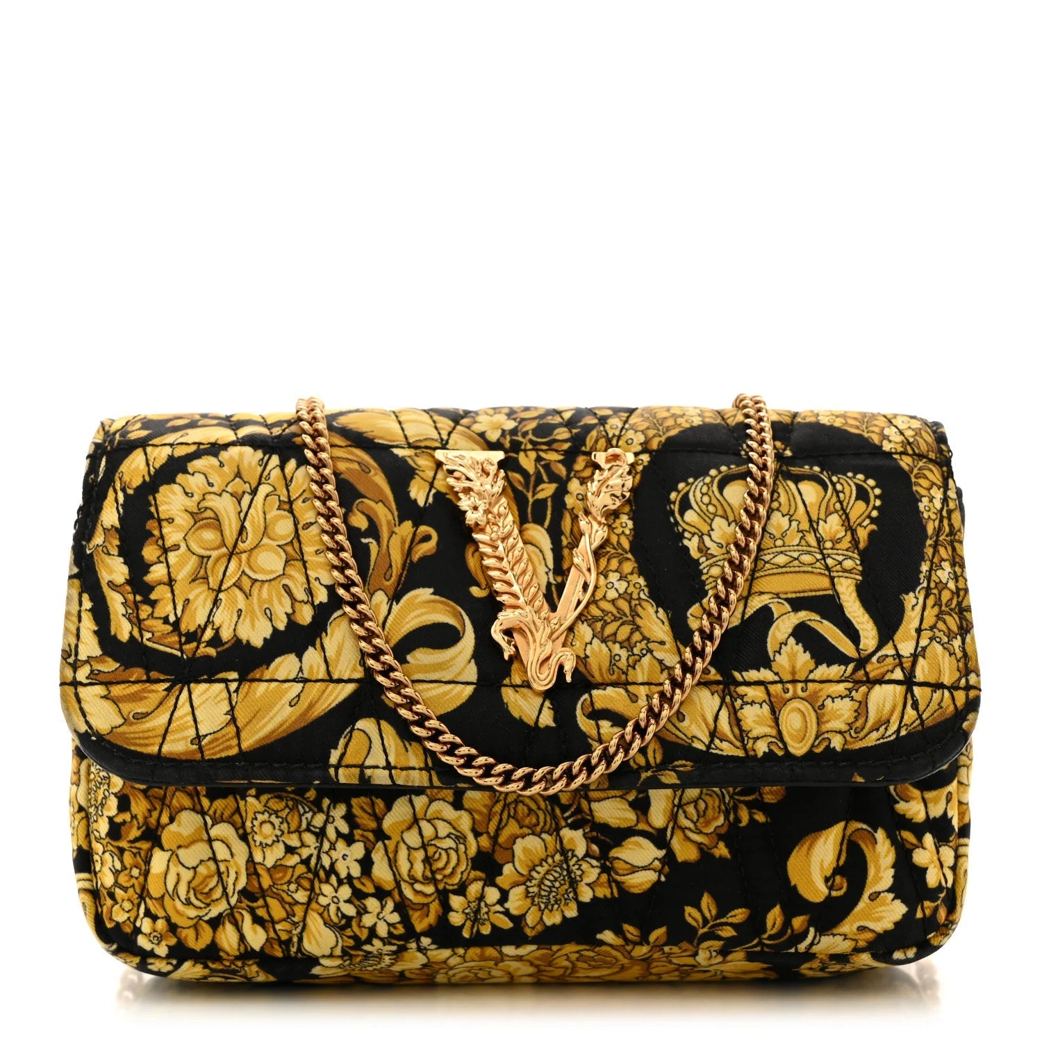 Silk Barocco Printed Quilted Virtus V Mini Chain Flap Shoulder Bag Black Gold