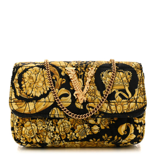 Silk Barocco Printed Quilted Virtus V Mini Chain Flap Shoulder Bag Black Gold