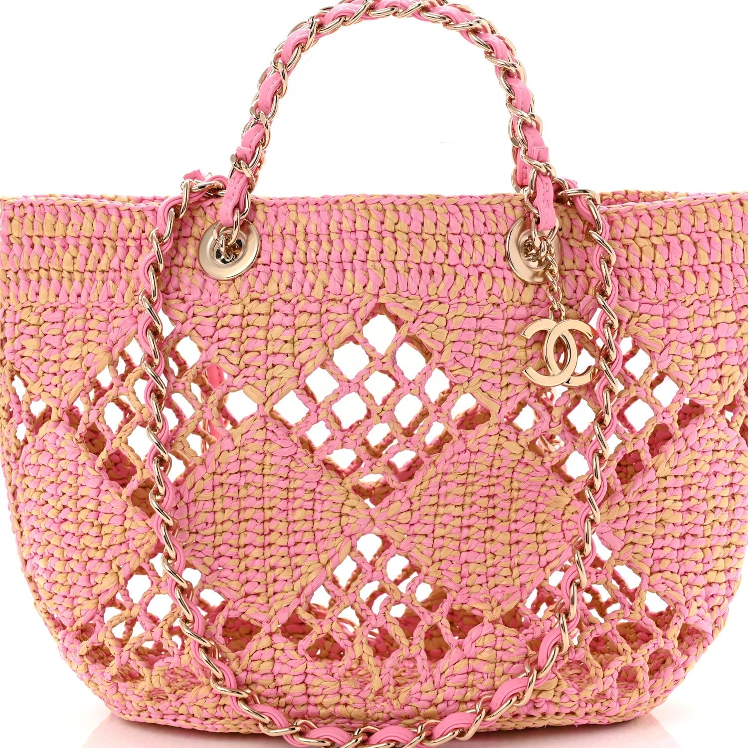 Raffia Effect Braided Small Shopping Bag Beige Pink