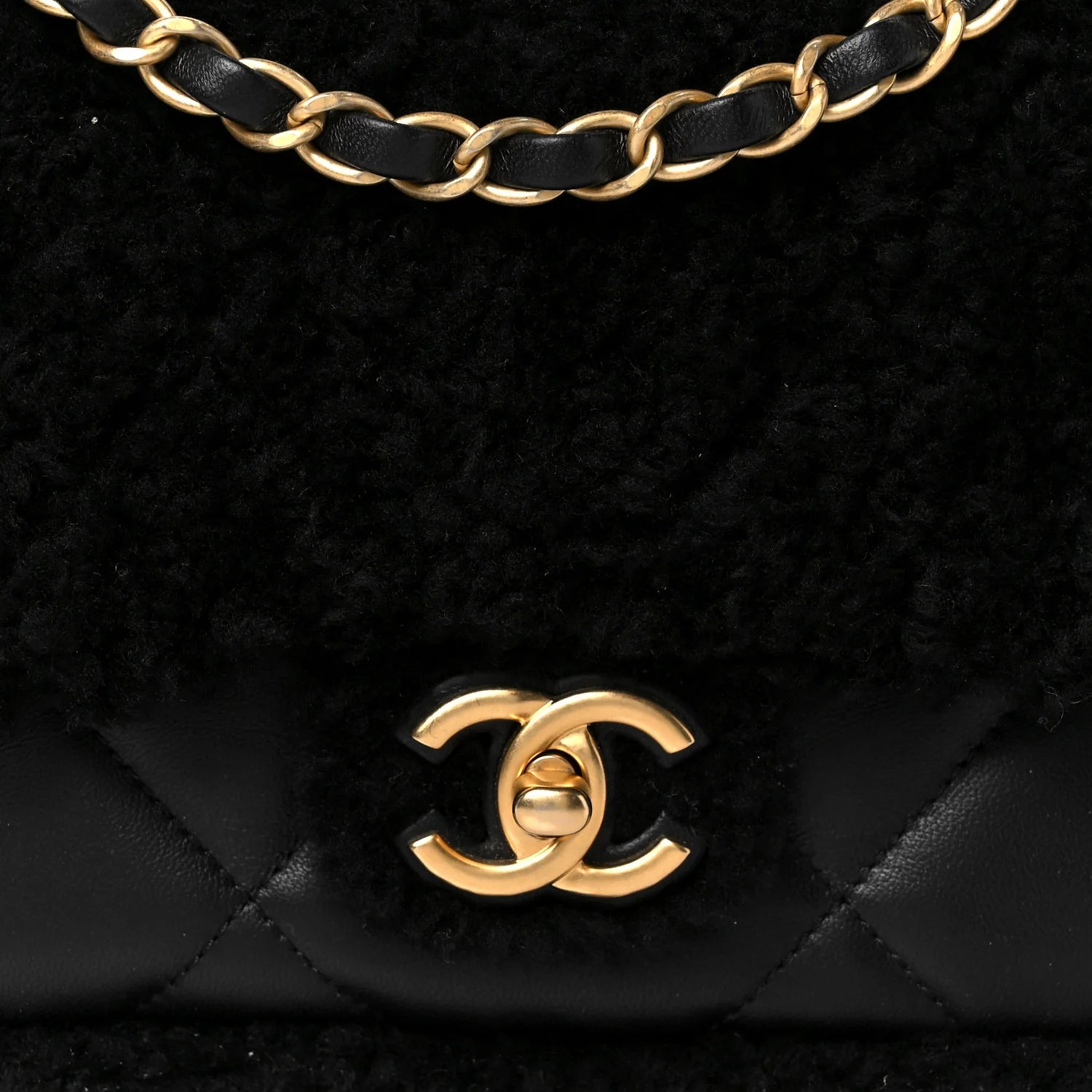 Shearling Lambskin Quilted Furry Coco Flap Black