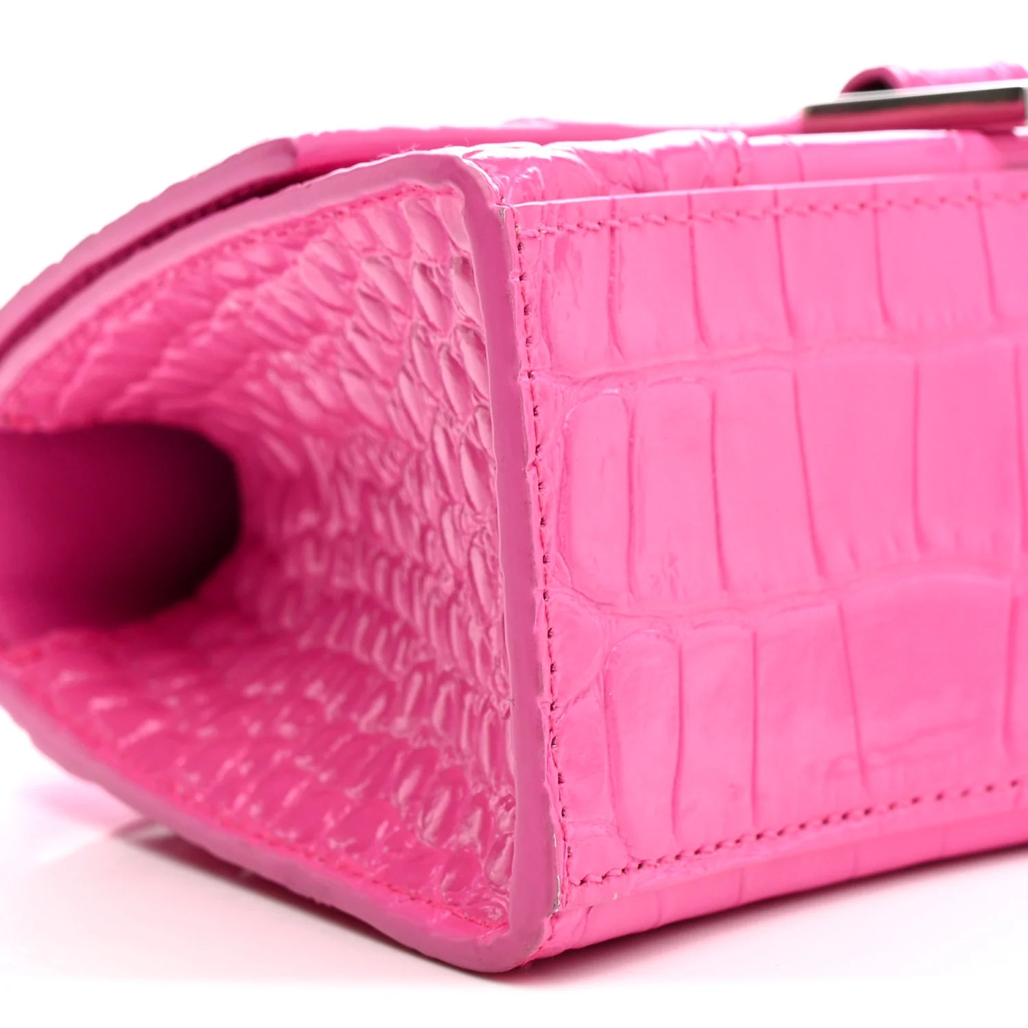 Shiny Calfskin Crocodile Embossed Hourglass Top Handle Bag XS Neon Pink