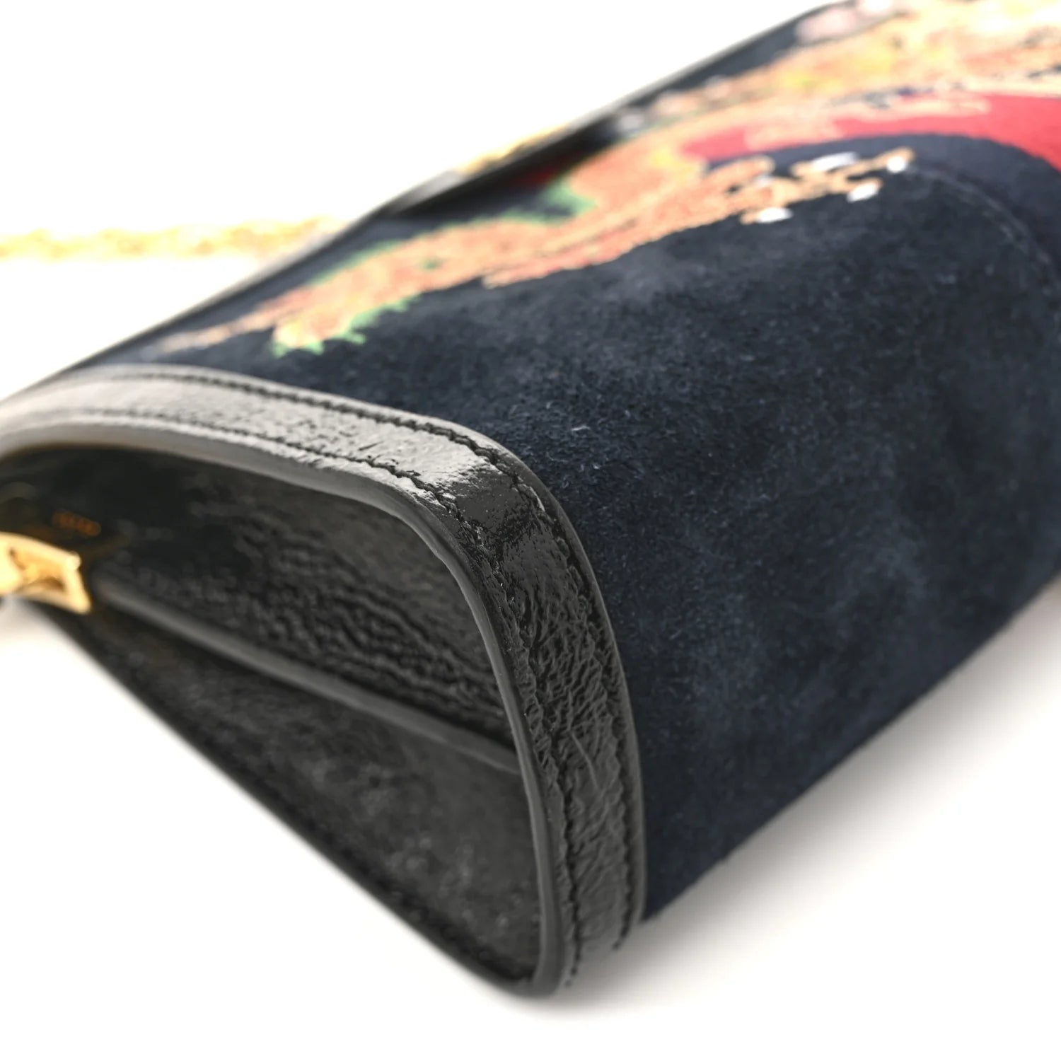 Suede Patent Web Dragon Embroidered Small Ophidia Chain Shoulder Bag Blue Black