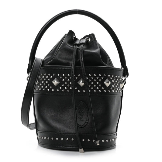 Smooth Calfskin Studded Small Bahia Drawstring Bucket Bag Black