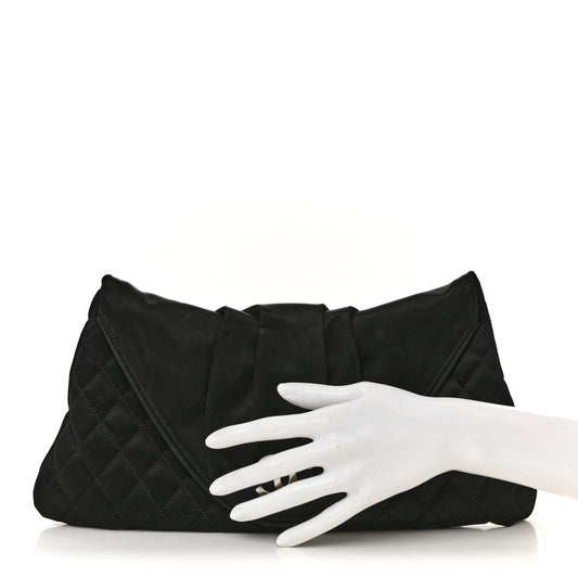 Satin Quilted Flap Clutch Black