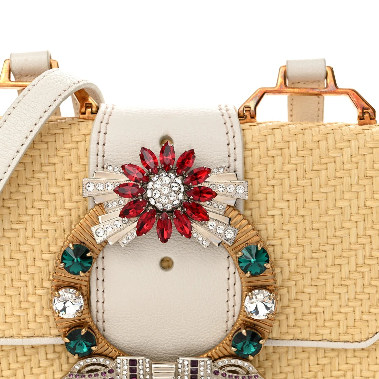 Raffia Madras Crystal Embellished Lady Shoulder Bag Naturale White