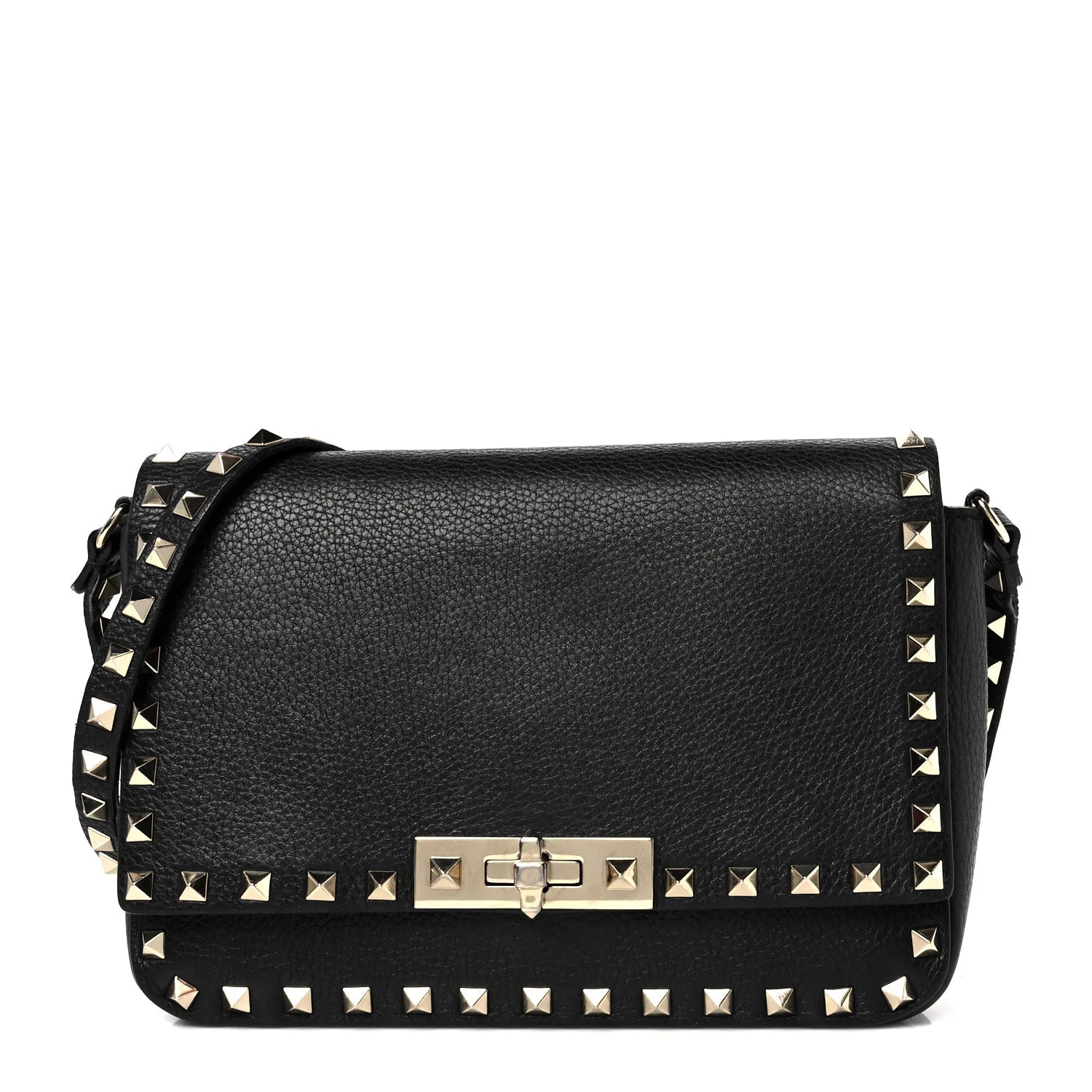 Pebbled Calfskin Small Rockstud Crossbody Flap Bag Black