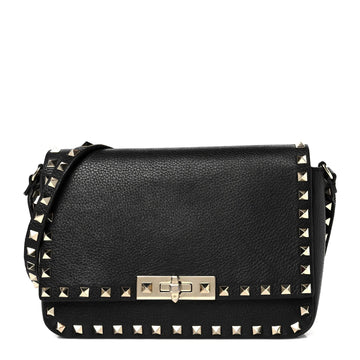 Pebbled Calfskin Small Rockstud Crossbody Flap Bag Black