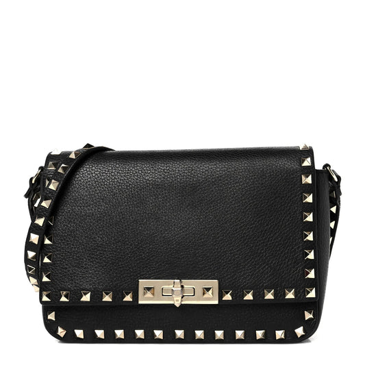 Pebbled Calfskin Small Rockstud Crossbody Flap Bag Black