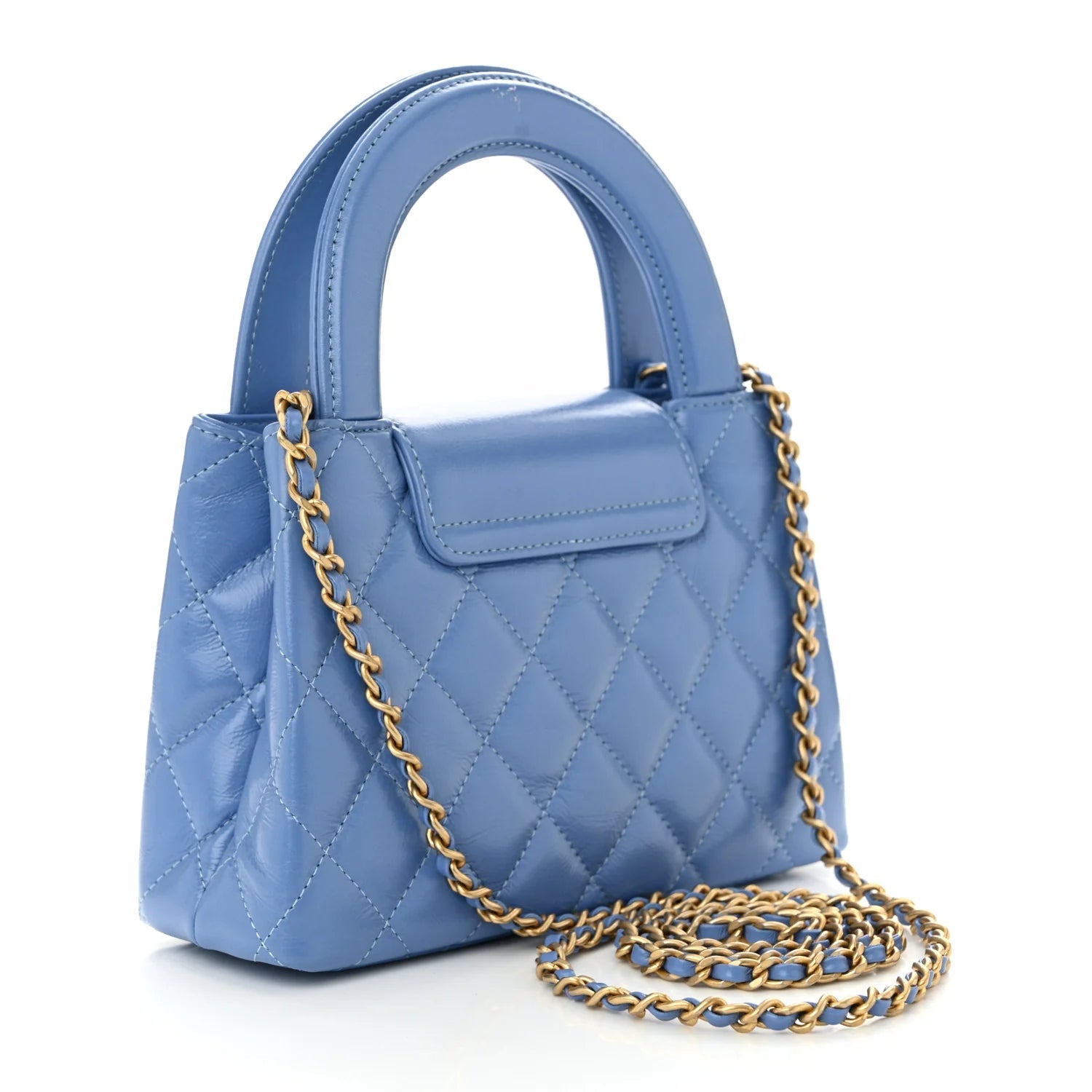 Shiny Aged Calfskin Quilted Nano Kelly Shopper Blue