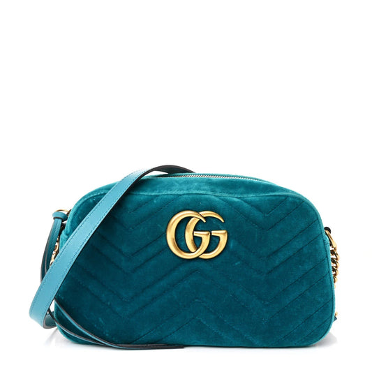 Velvet Matelasse Small GG Marmont Chain Shoulder Bag Pavone Cyan
