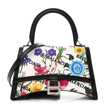 X GUCCI Canvas Boarded Plutone Calfskin Flora Logo Print Small Hourglass Top Handle Bag White Multicolor Black