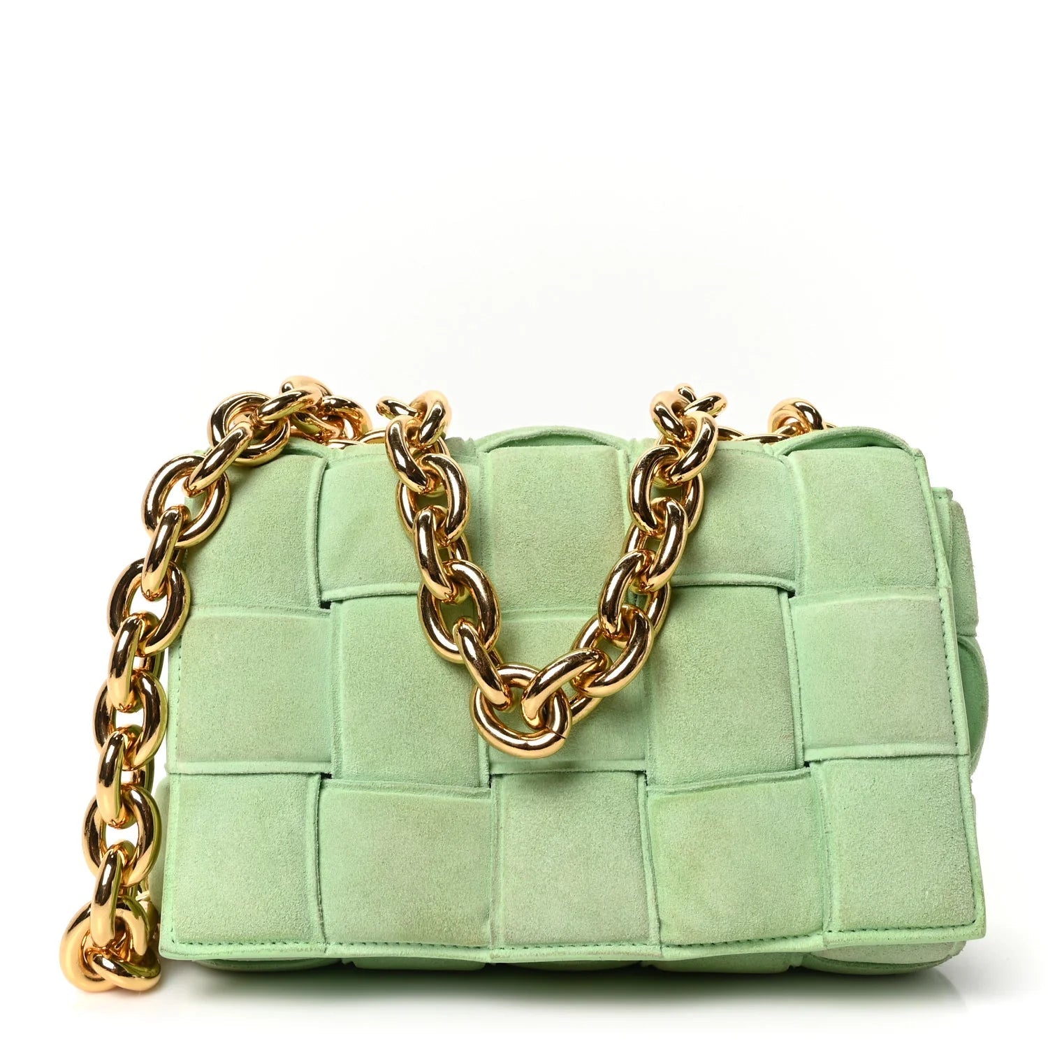 Suede Maxi Intrecciato Padded Chain Cassette Crossbody Bag Wasabi