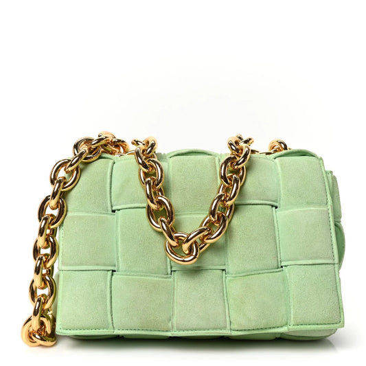 Suede Maxi Intrecciato Padded Chain Cassette Crossbody Bag Wasabi