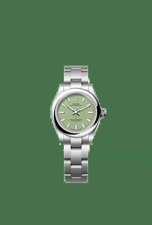 Unworn 2025,  Oyster Perpetual, Oystersteel, 28Mm, Pistachio-Green Dial, Domed Oyster, Ref# 276200-0006, Box and Papers