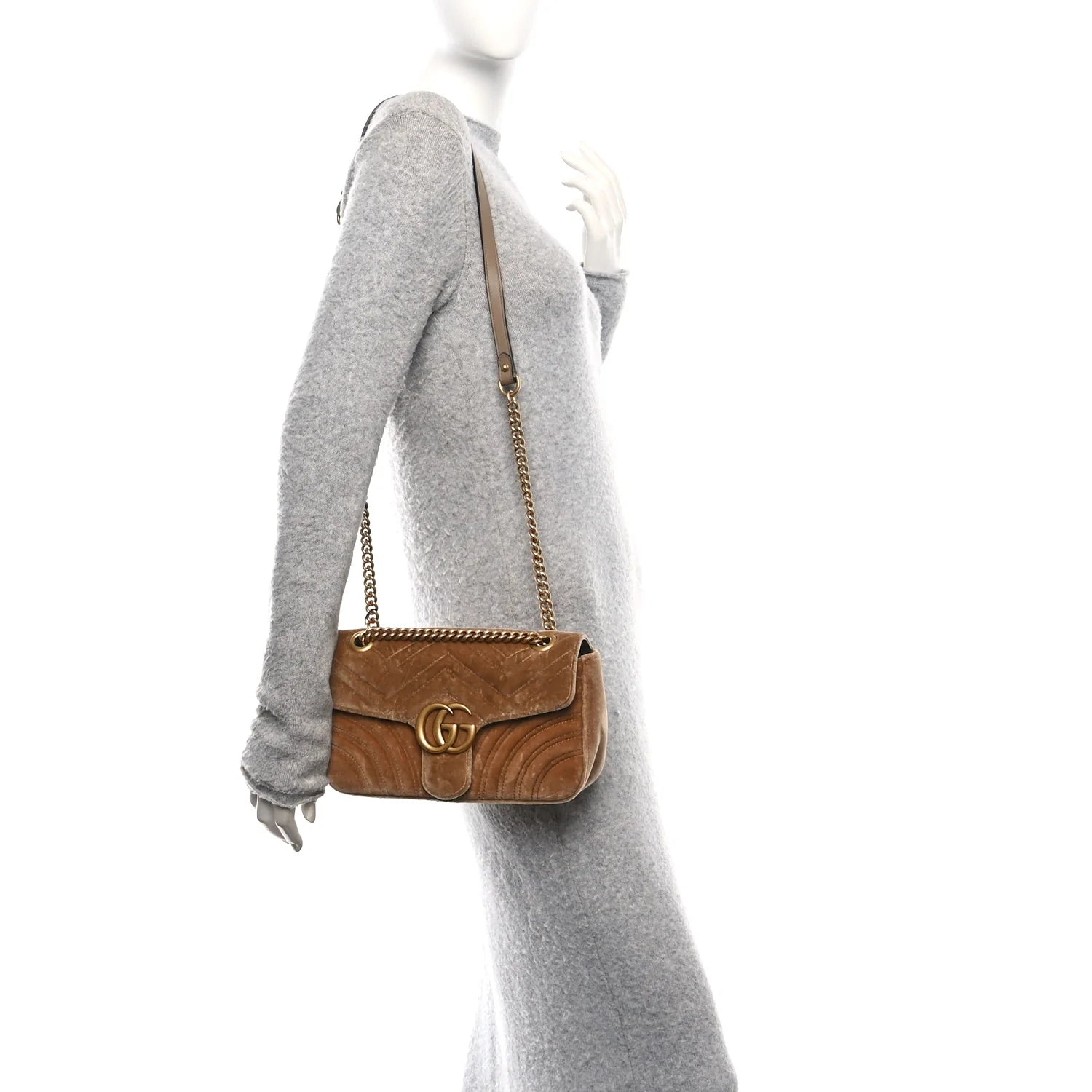 Velvet Matelasse Small GG Marmont Shoulder Bag Taupe