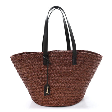 Raffia Calfskin Medium Panier Tote Dark Chocolate
