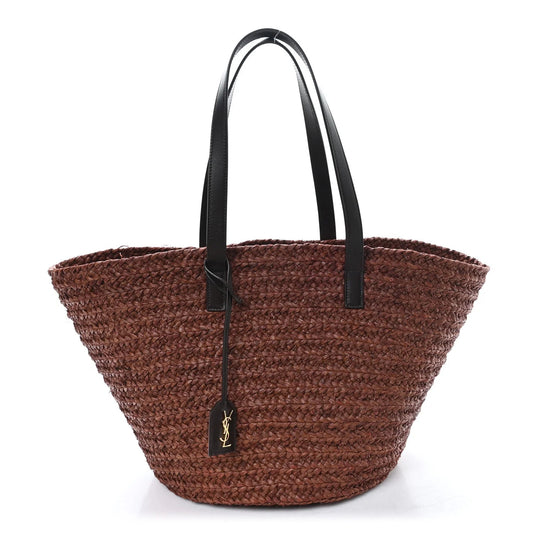 Raffia Calfskin Medium Panier Tote Dark Chocolate