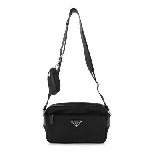 Re-Nylon Vela Saffiano Pocket Double Zip Shoulder Bag Black