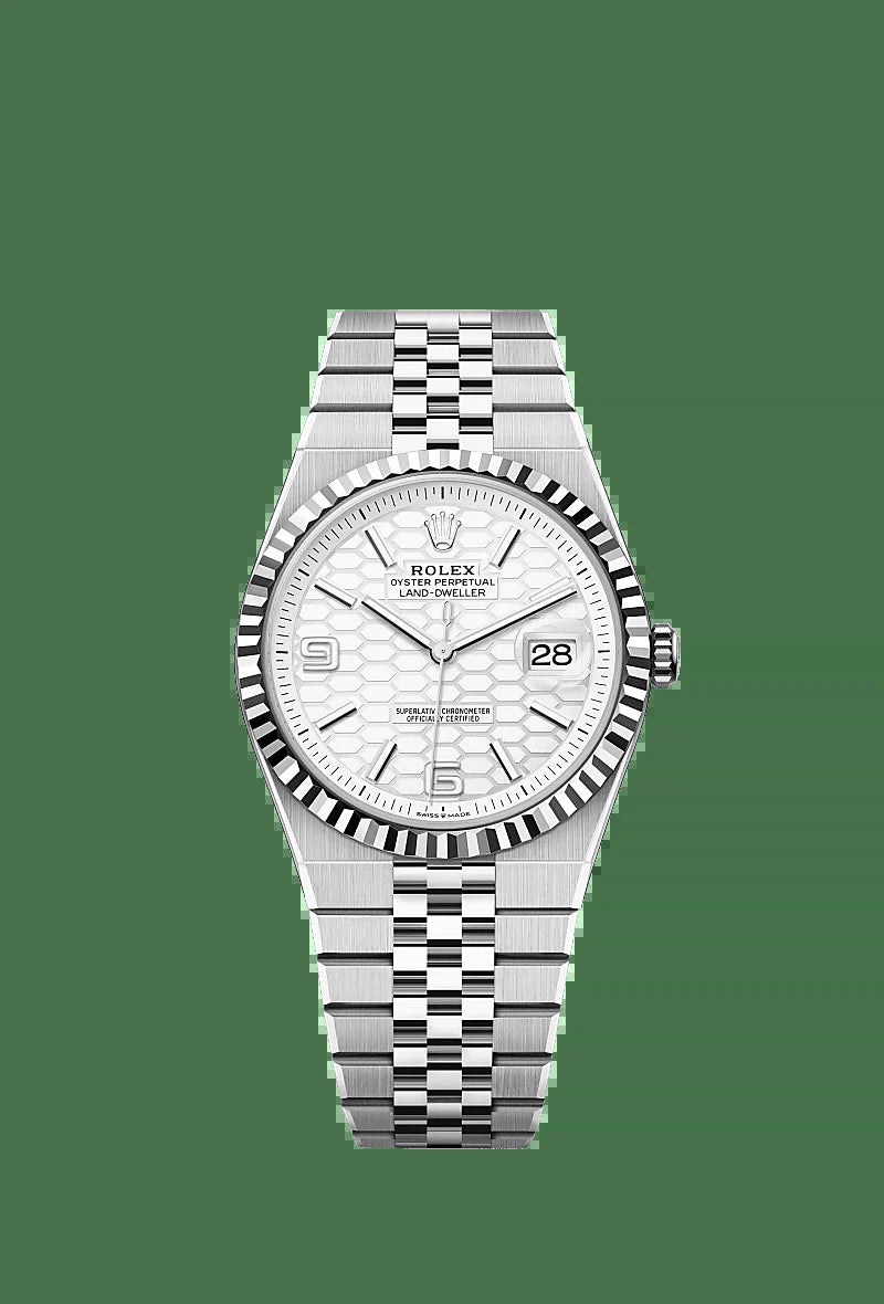 Unworn 2025,  Land-Dweller 40, Oystersteel and 18K White Gold, Intense White Dial, Fluted Flat Jubilee, Ref# 127334-0001, Box and Papers