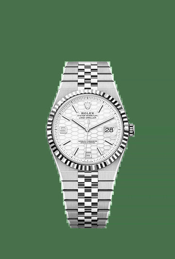 Unworn 2025,  Land-Dweller 40, Oystersteel and 18K White Gold, Intense White Dial, Fluted Flat Jubilee, Ref# 127334-0001, Box and Papers