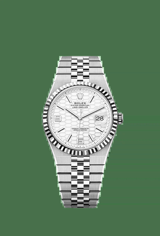 Unworn 2025,  Land-Dweller 40, Oystersteel and 18K White Gold, Intense White Dial, Fluted Flat Jubilee, Ref# 127334-0001, Box and Papers