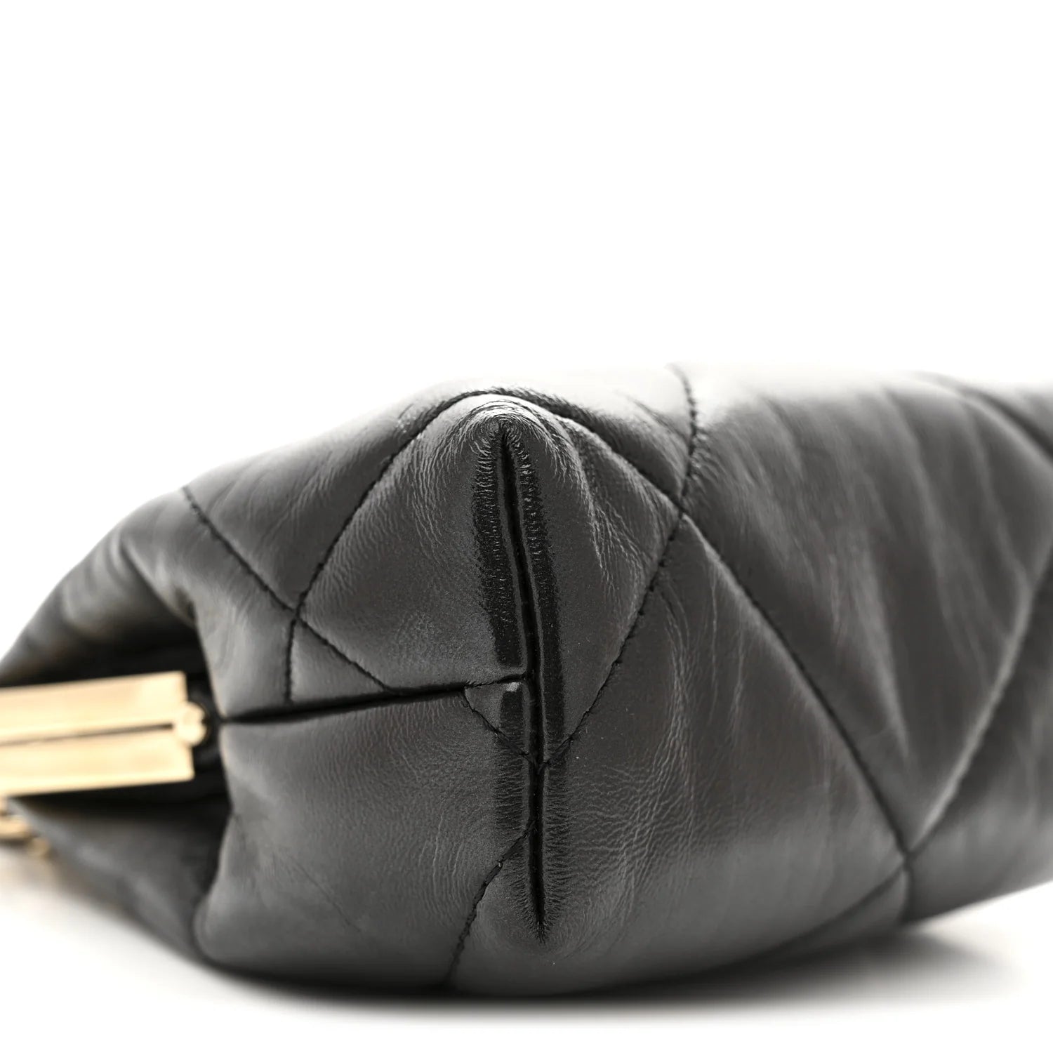 Shiny Aged Lambskin Quilted Kiss Lock Clutch with Chain Black