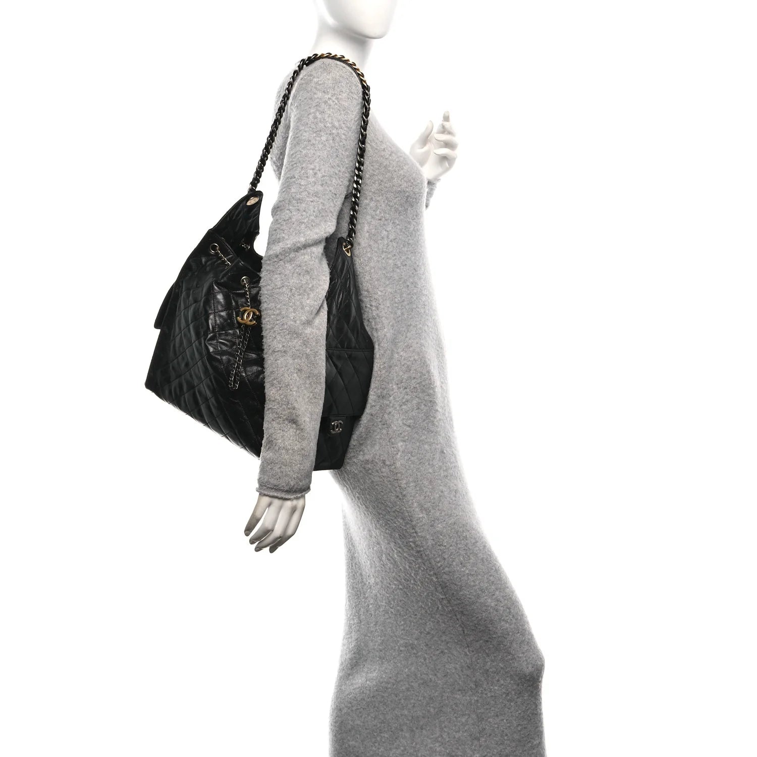 Shiny Crumpled Calfskin Quilted Medium  25 Handbag Black