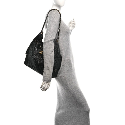 Shiny Crumpled Calfskin Quilted Medium  25 Handbag Black