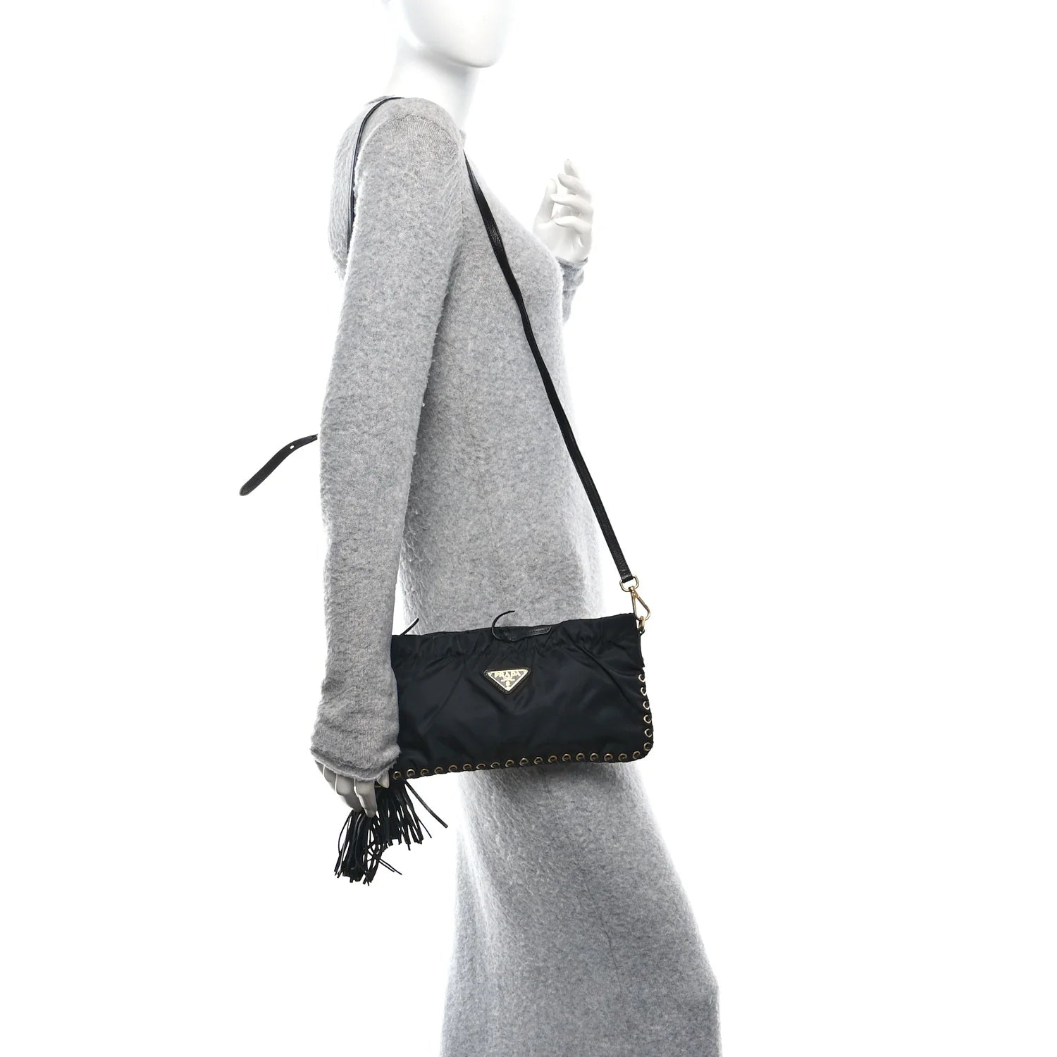 Tessuto Nylon Whipstitch Grommet Tassel Shoulder Bag Black