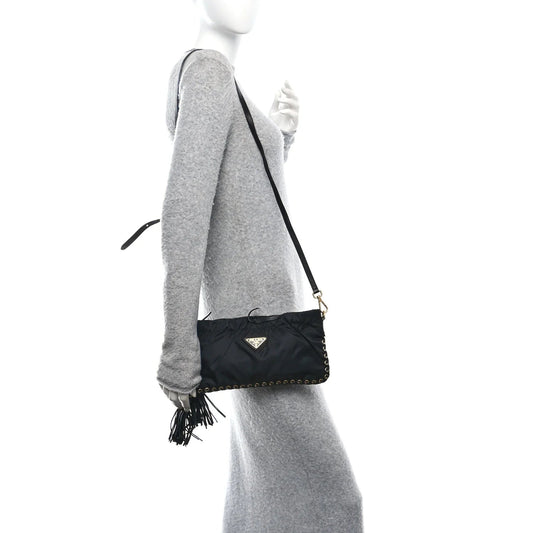 Tessuto Nylon Whipstitch Grommet Tassel Shoulder Bag Black