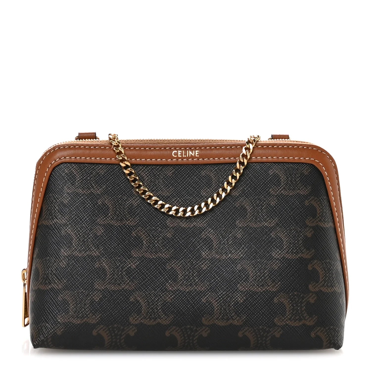 Triomphe Canvas Lambskin Clutch on Chain Tan