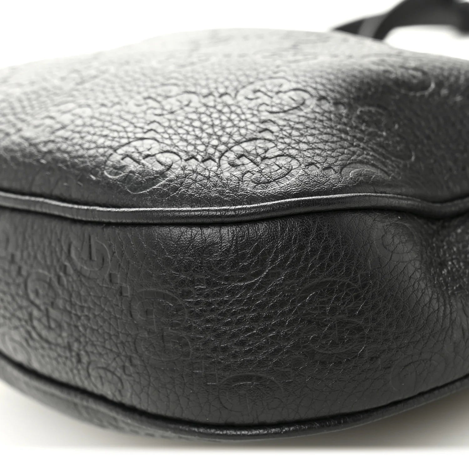 Grainy Calfskin GG Embossed Emblem Small Half Moon Shoulder Bag Black