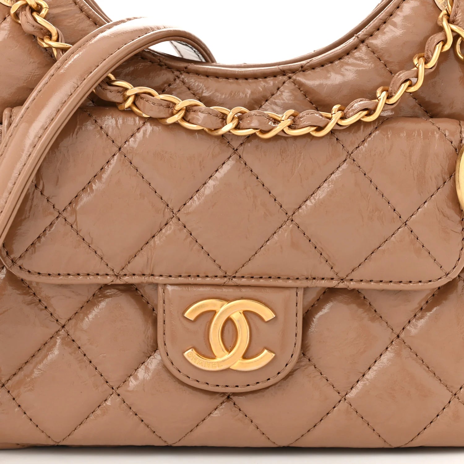 Shiny Crumpled Calfskin Quilted Small Wavy CC Hobo Dark Beige