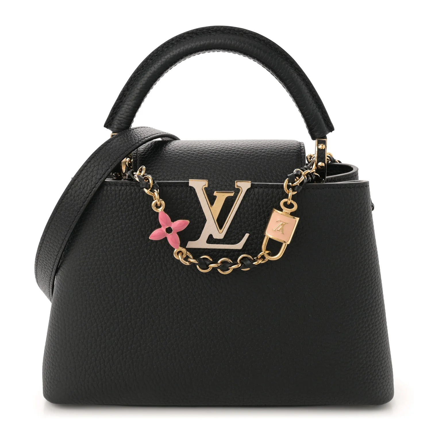 Taurillon Enamel Flower Padlock Chain Capucines BB Black