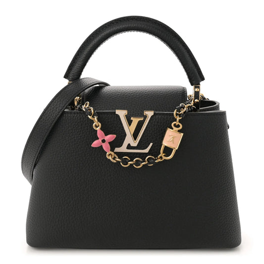 Taurillon Enamel Flower Padlock Chain Capucines BB Black
