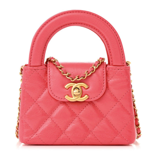 Shiny Aged Calfskin Quilted Mini Nano Kelly Shopper Dark Pink
