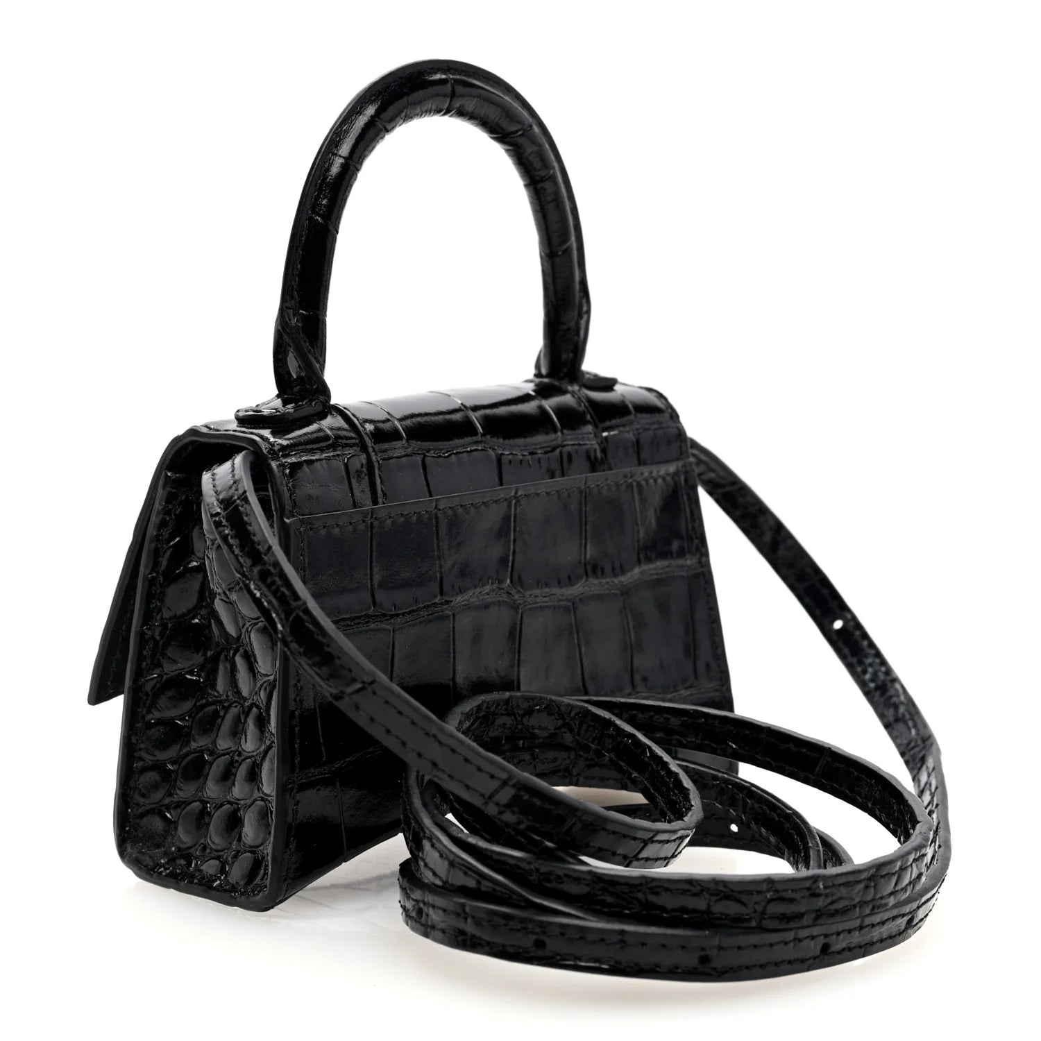 Shiny Calfskin Monochrome Crocodile Embossed Hourglass Top Handle Bag Mini Black