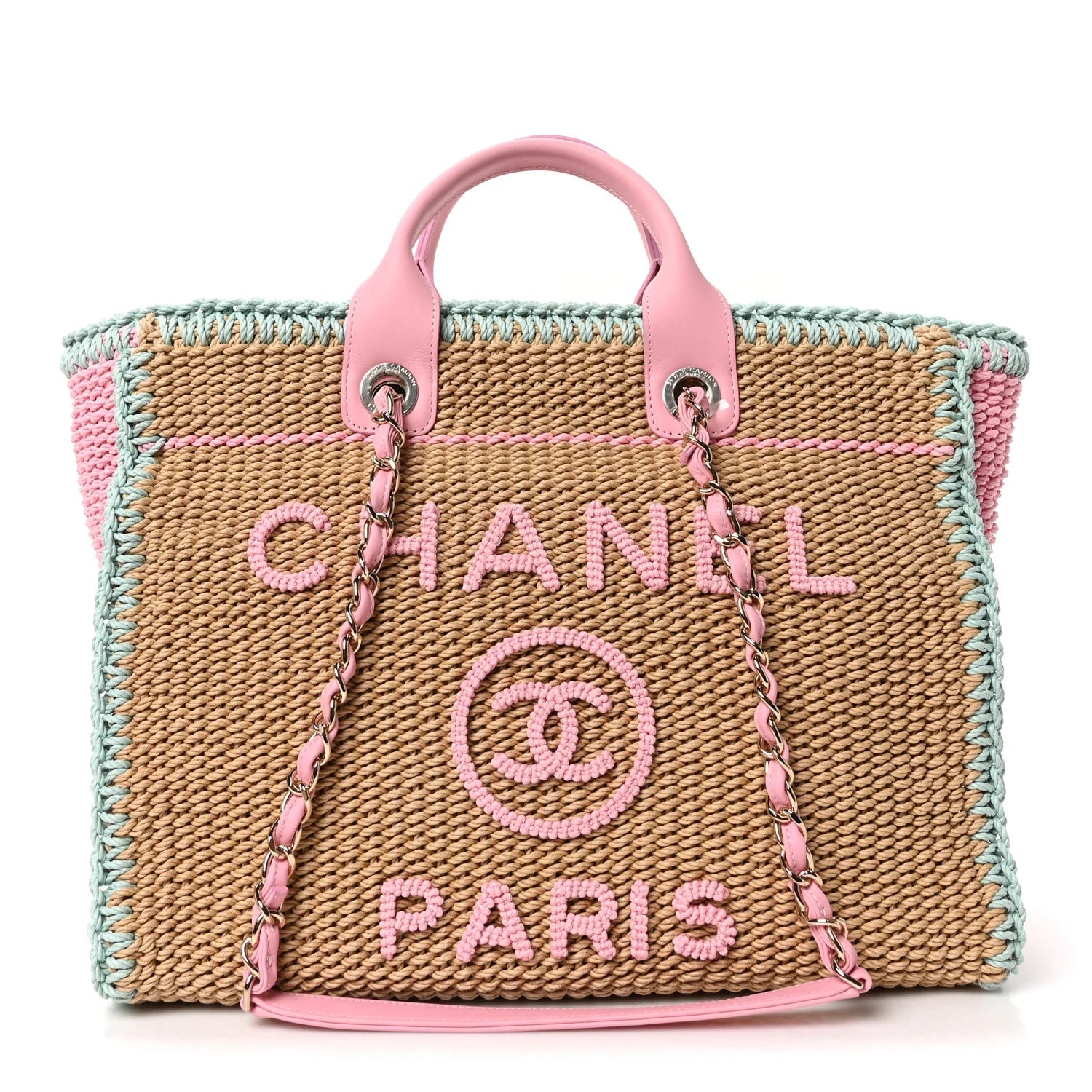 Raffia Crochet Medium Deauville Tote Beige Light Pink Green