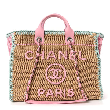 Raffia Crochet Medium Deauville Tote Beige Light Pink Green