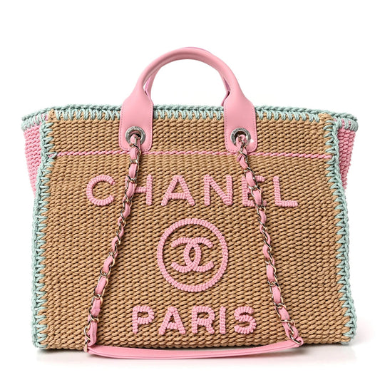 Raffia Crochet Medium Deauville Tote Beige Light Pink Green