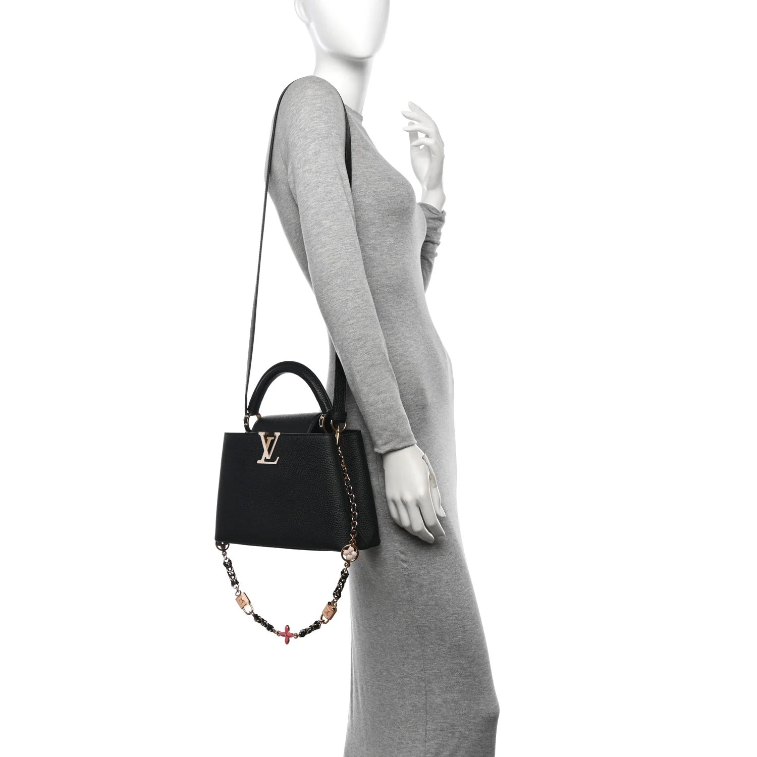 Taurillon Enamel Flower Padlock Chain Capucines BB Black