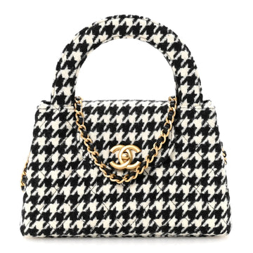 Tweed Houndstooth Quilted Nano Kelly Shopper Black White