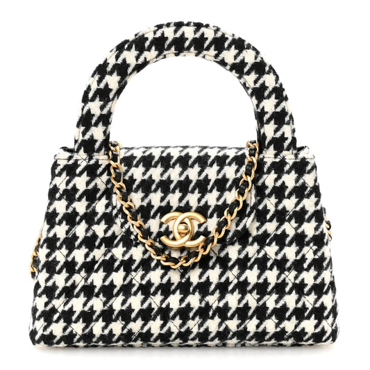 Tweed Houndstooth Quilted Nano Kelly Shopper Black White