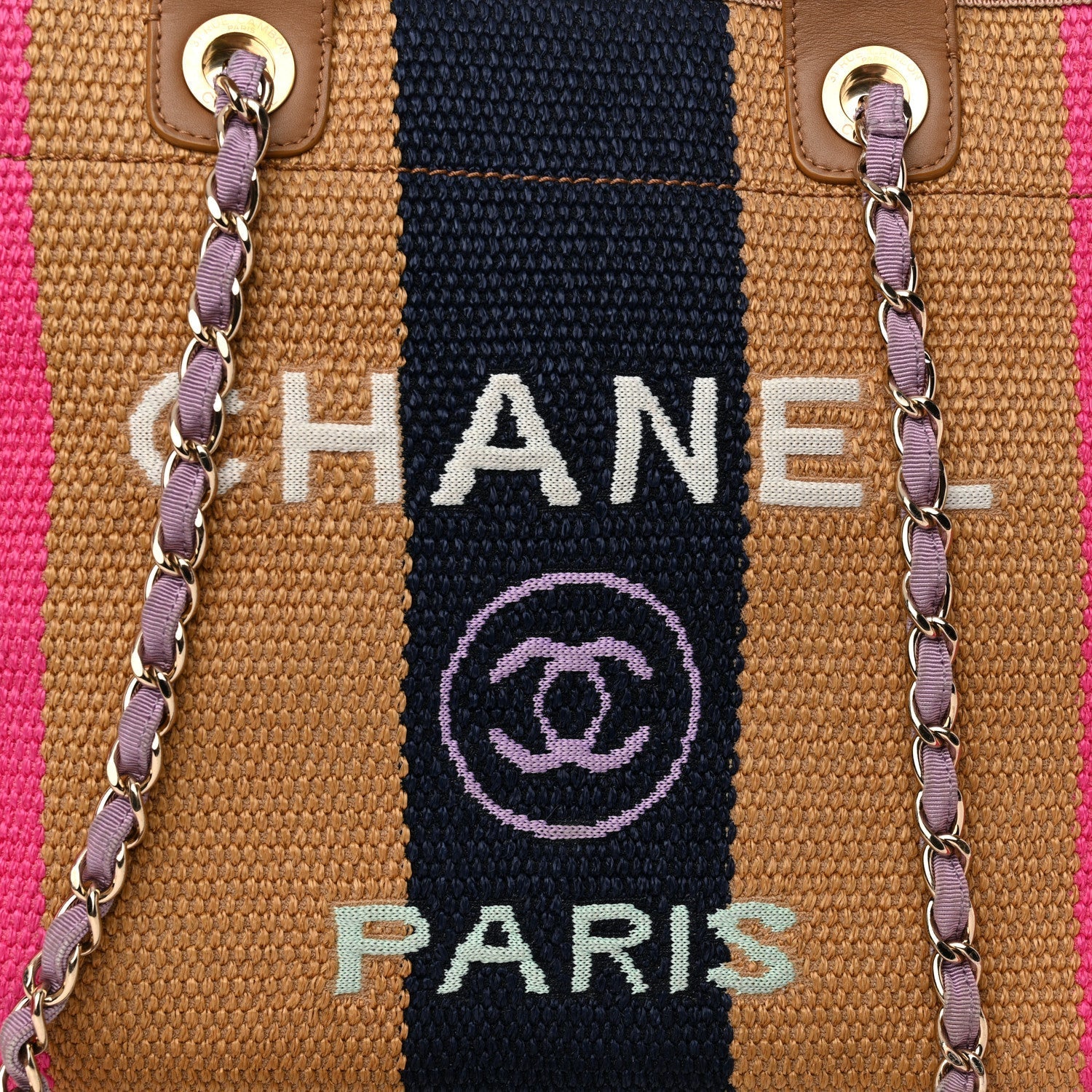 Straw Raffia Calfskin Striped Medium Deauville Tote Dark Beige Fuchsia Navy Blue