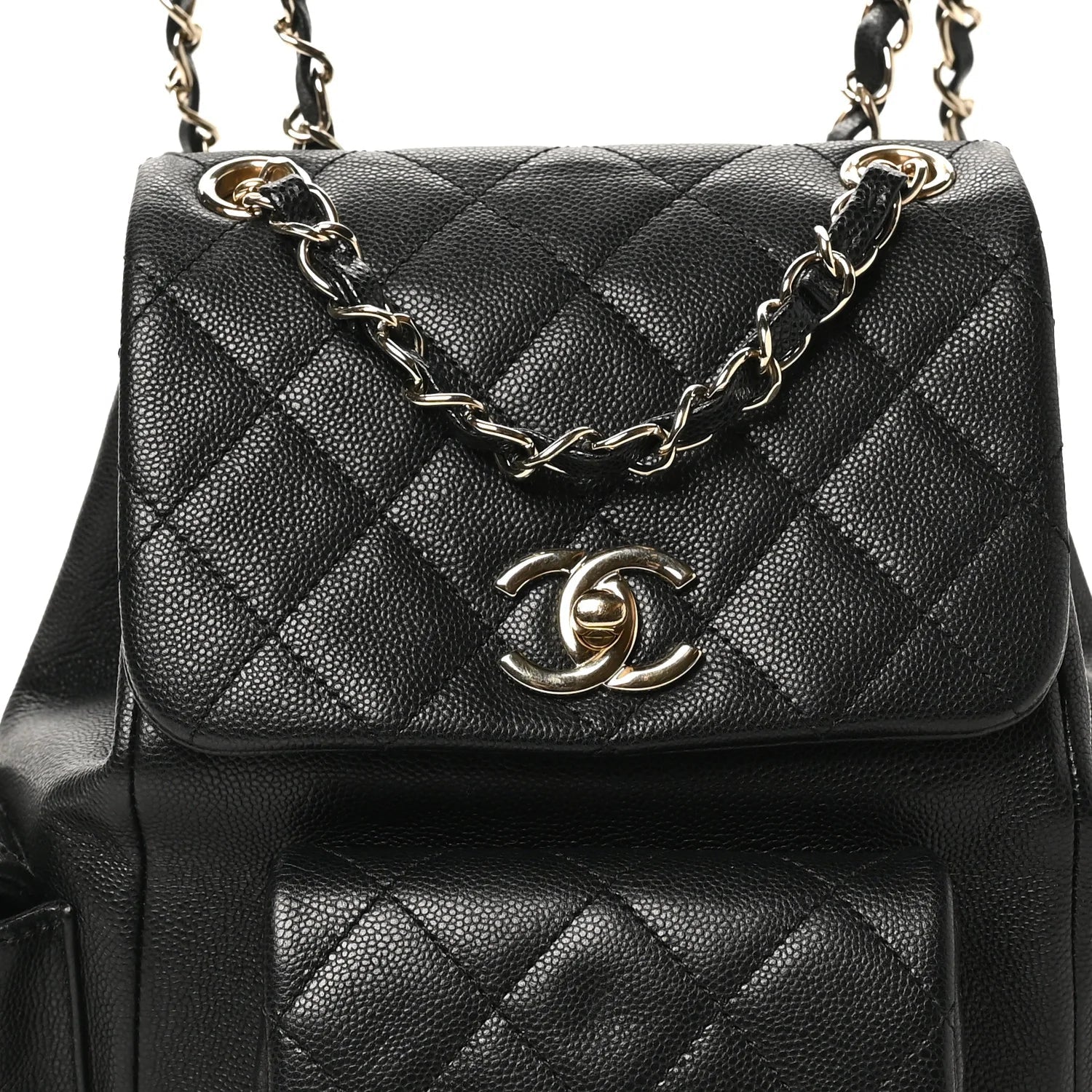 Shiny Caviar Quilted Small Pockets Drawstring Backpack Black