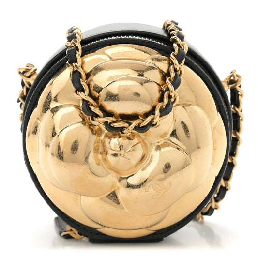 Metallic Lambskin Quilted Camelia Clutch Gold Black