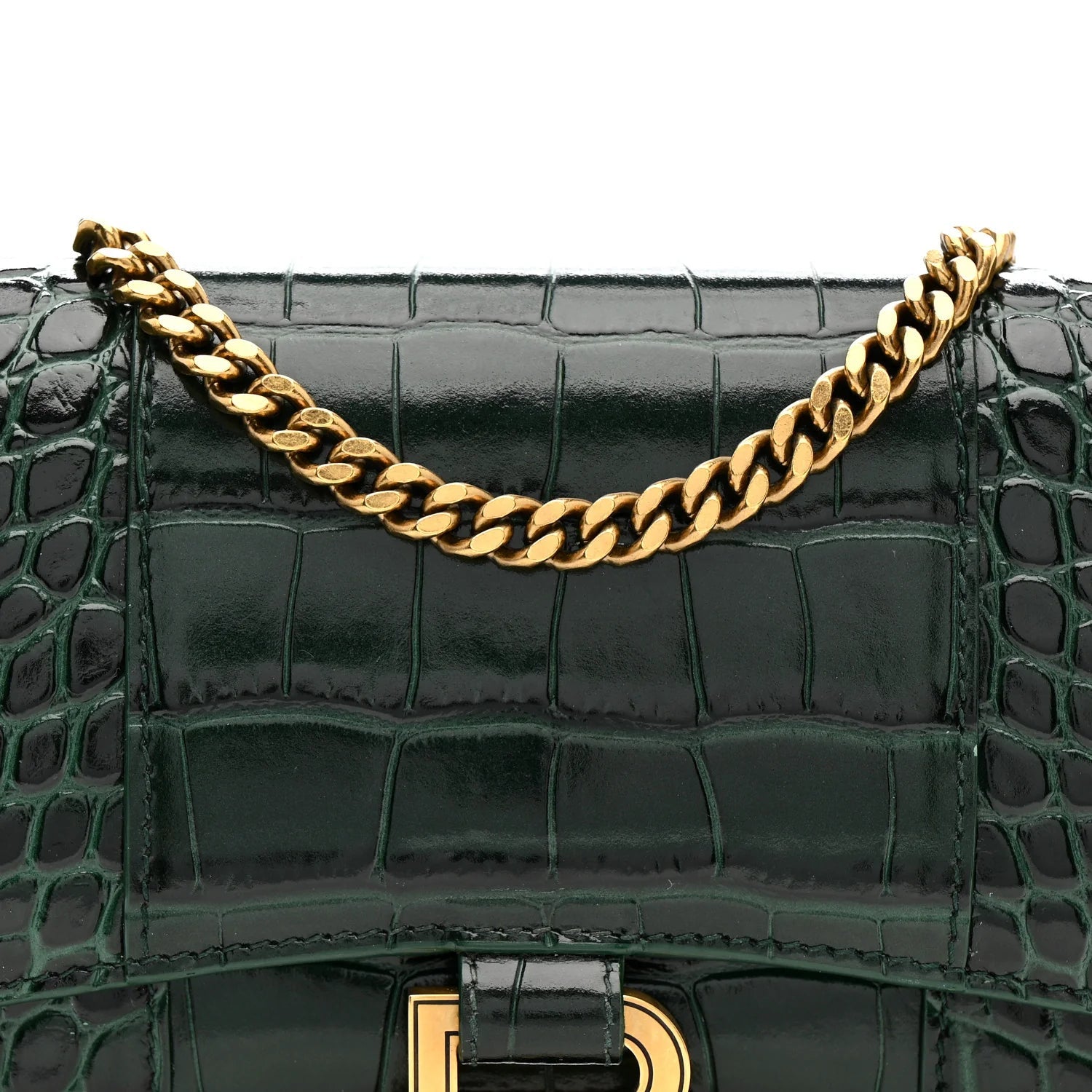 Shiny Calfskin Crocodile Embossed Hourglass Chain Bag Forest Green