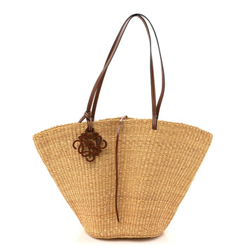 Raffia Calfskin Shell Basket Tote Natural Pecan